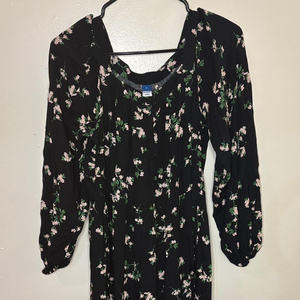 Floral Black Dress with Green and White Accents